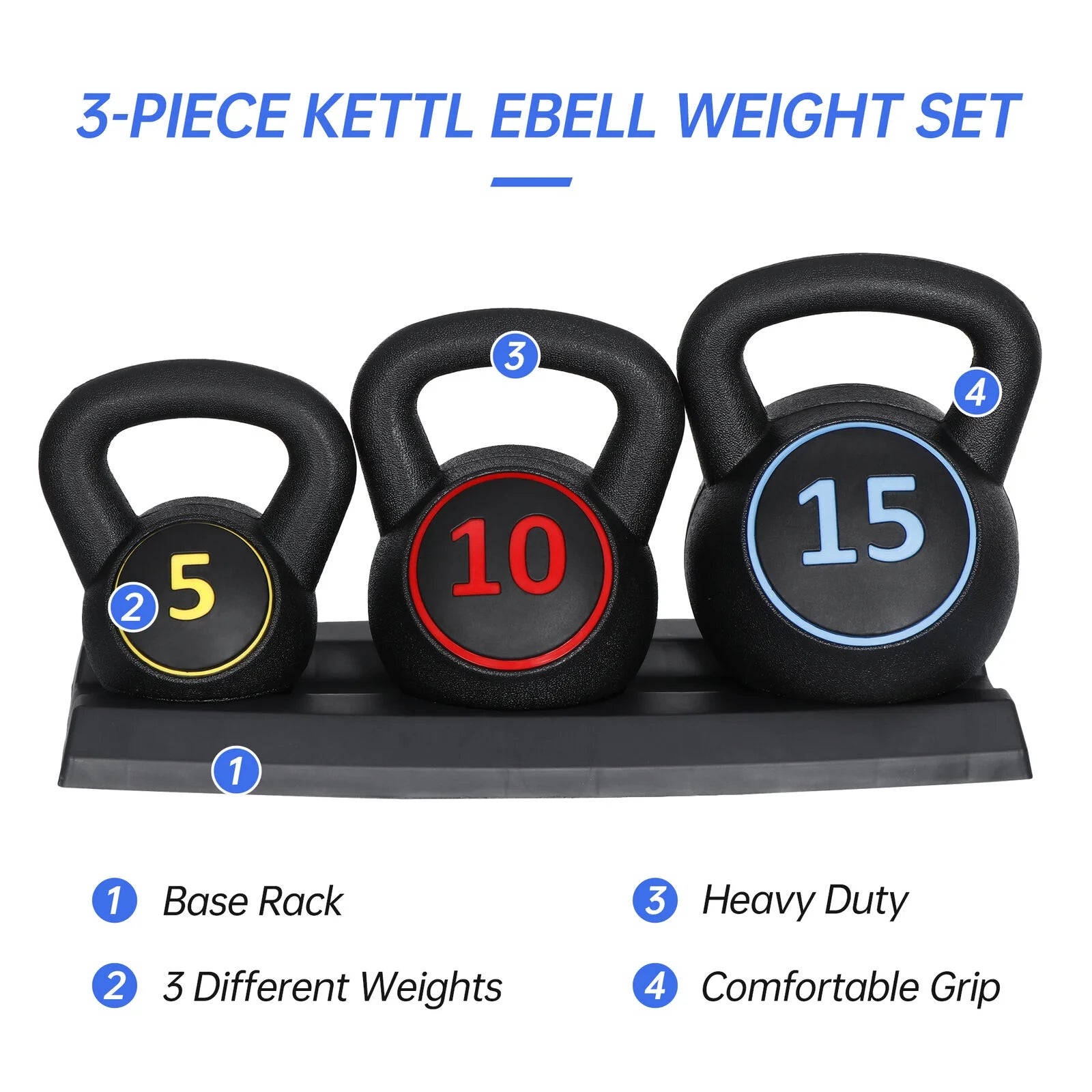 3-Piece Kettlebell Set with Storage Rack Home Gym Exercise Fitness Weights