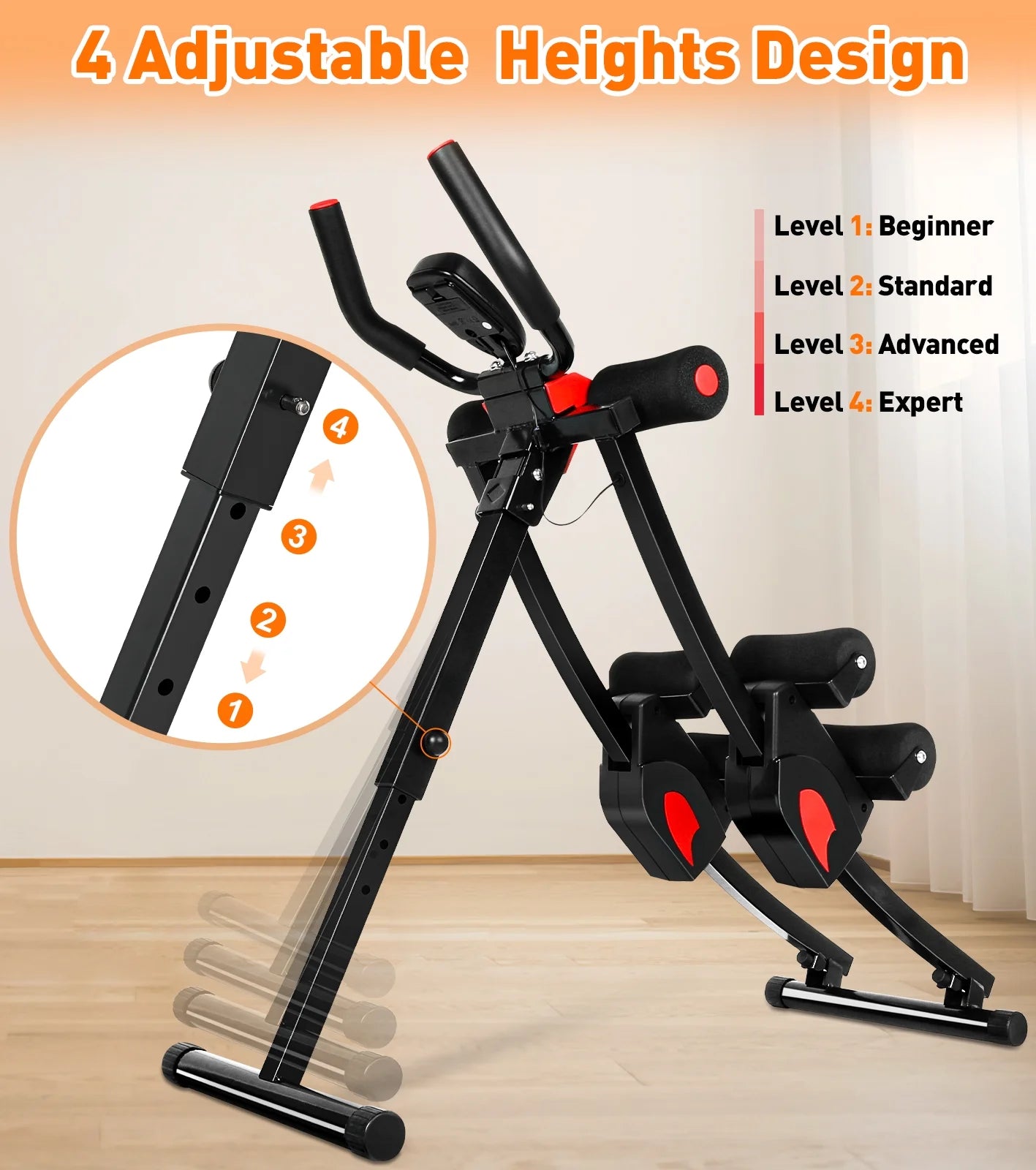 Fitness Ab Machine, 4 Adjustable Resistance Levels Ab Workout Equipment for Home Gym, Height Adjustable Ab Trainer, Foldable Fitness Equipment.440Lbs Weight Capacity