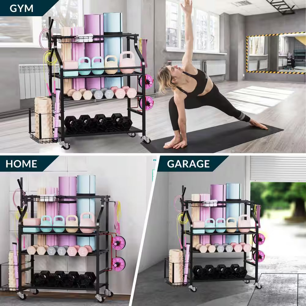 4 Layers Yoga Mat Storage Rack, Dumbbells Rack, Home Gym Holder Garage Storage Organizer with Wheels and Hooks