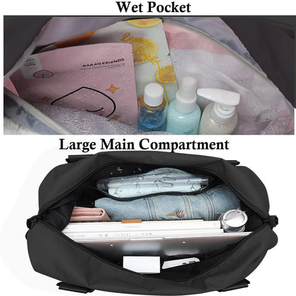 24" Overnight Bag Weekender Travel Bag for Women, Waterproof Sports Gym Bag, Large Duffle Bag with Wet Pocket/Trolley Sleeve for Yoga Swimming, Airline Approved, Black