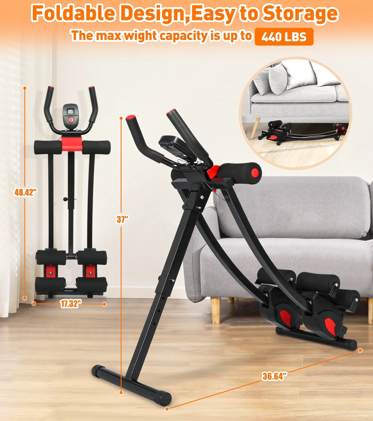 Fitness Ab Machine, 4 Adjustable Resistance Levels Ab Workout Equipment for Home Gym, Height Adjustable Ab Trainer, Foldable Fitness Equipment.440Lbs Weight Capacity