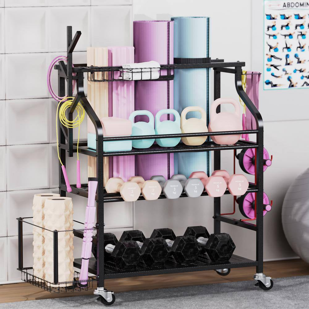 4 Layers Yoga Mat Storage Rack, Dumbbells Rack, Home Gym Holder Garage Storage Organizer with Wheels and Hooks